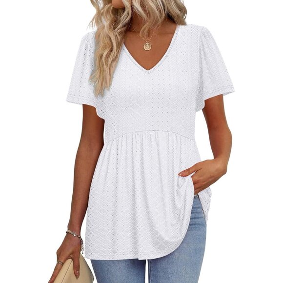 Tops - Womens Babydoll Top Polyester Short Sleeve V Neck Casual Dressy Summer